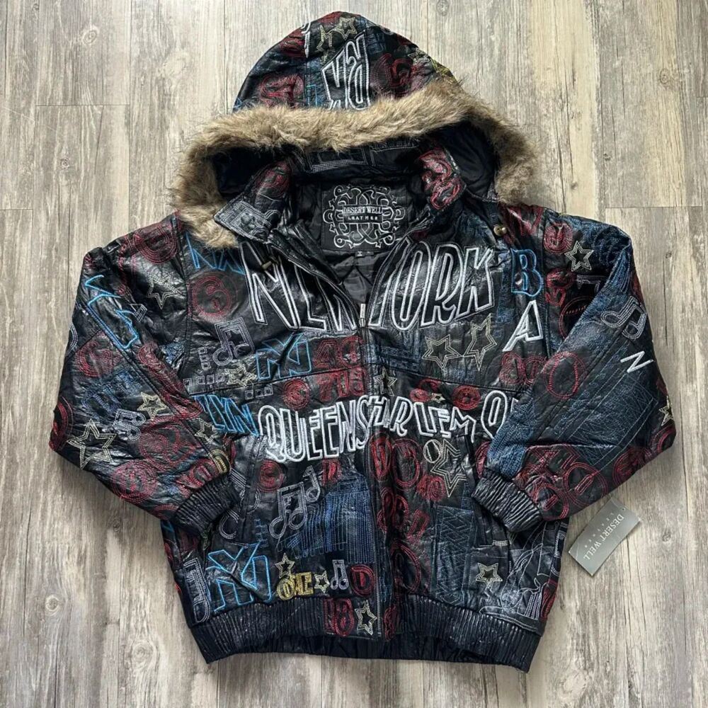 Vintage 90s NYC New York City All Over Print AOP Leather Jacket Size XL VTG RARE